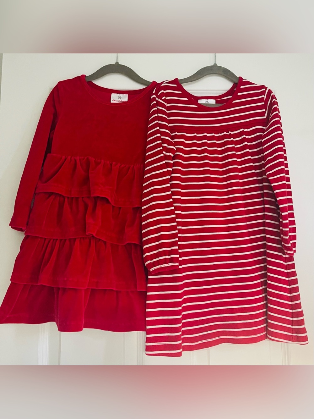Two Hanna Andersson dresses - tiered velour twirl and striped playdress - 100cm